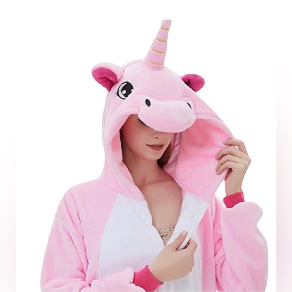 Fleece Pink Unicorn Onesie with Hoodie & Plush Tail Adult Halloween Costume NEW